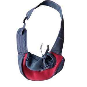 Pet Cat Dog Mesh Sling Red and Dark Gray Over the Shoulder Adjustable Clean